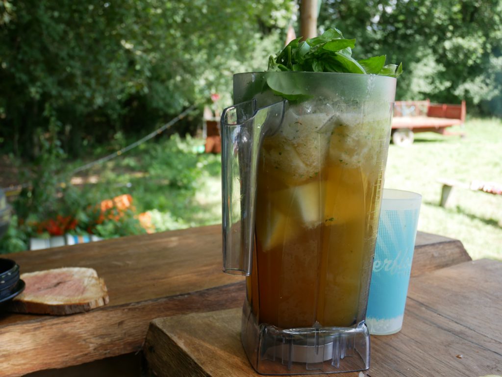 A welcomed hangover smoothie, with honeydew melon, fresh basil, apple juice and ice.