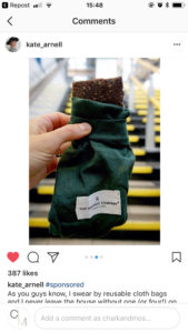 Blogger/YouTuber Kate Arnell with her new food bags for Plastic Free July. Designed in Denmark by The Organic Company. Chalk & Moss is one of the UK's only stockists, so get in there quick!